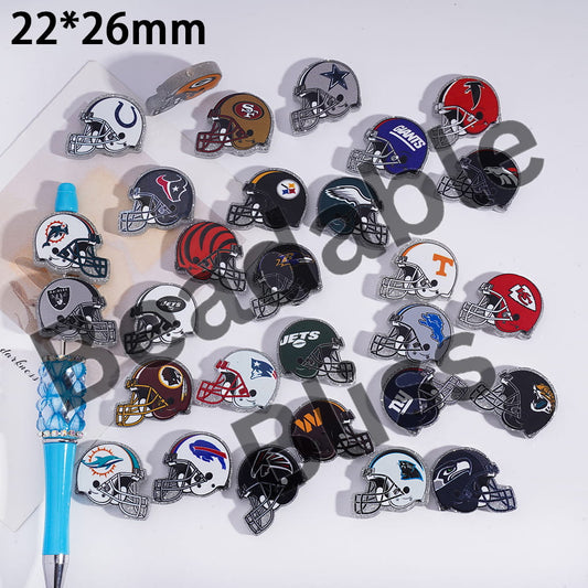 Acrylic Beads USA American Football Team Helmet Series, with Silver Glitter, 22*26MM