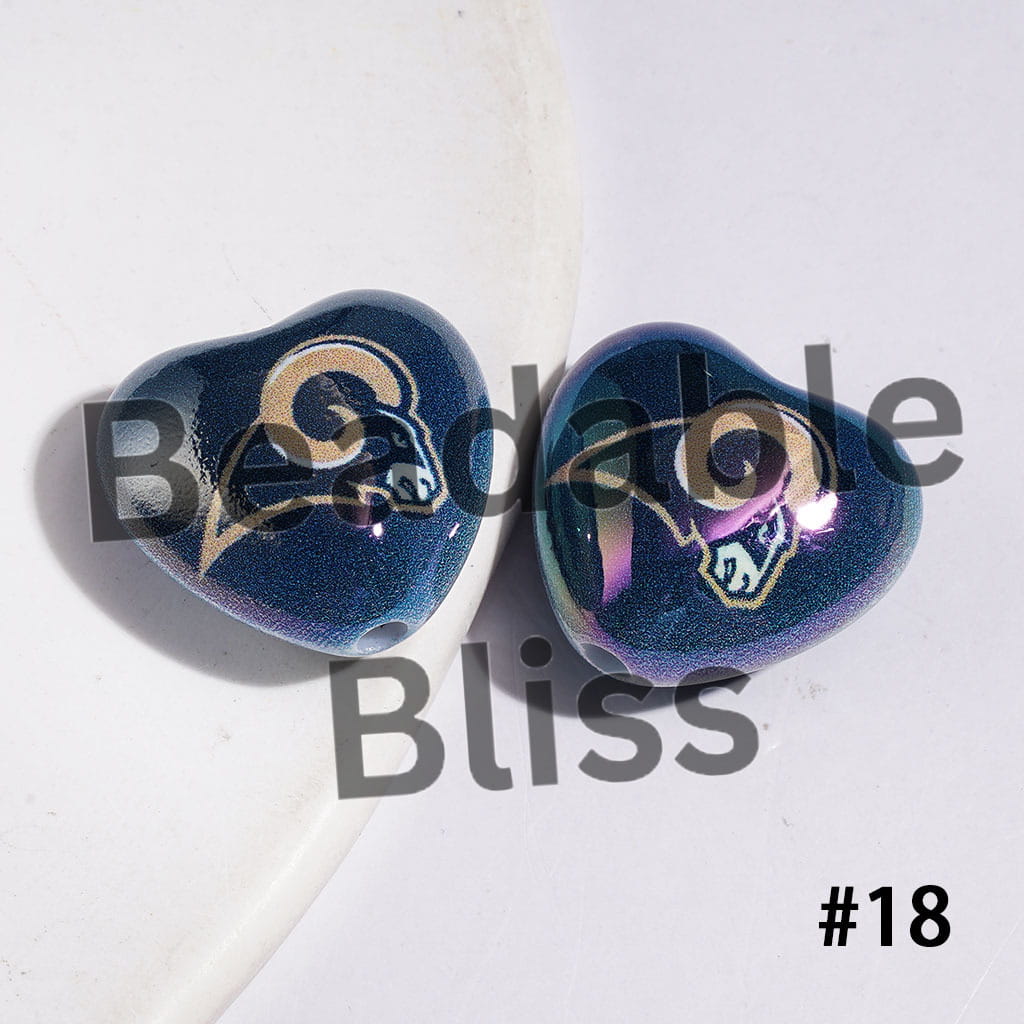 UV-Coated Acrylic Beads Heart with American Football Team Series, 18*20MM