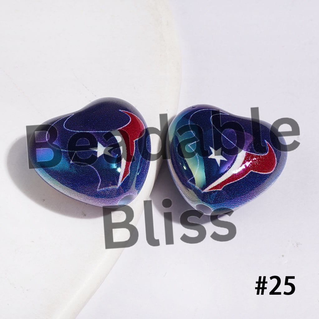 UV-Coated Acrylic Beads Heart with American Football Team Series, 18*20MM