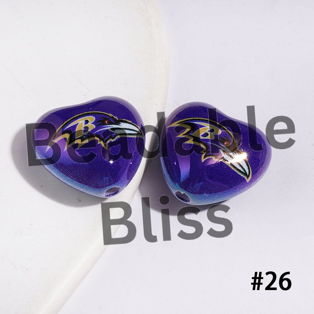 UV-Coated Acrylic Beads Heart with American Football Team Series, 18*20MM