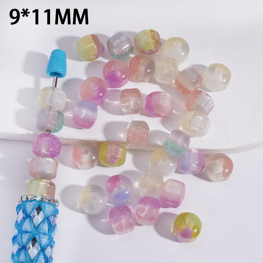 Acrylic Beads Smooth and Rounded Hexagonal Prisms with Glitter and tri-color, Small Size, 9*11MM, Translucence, Random Mix
