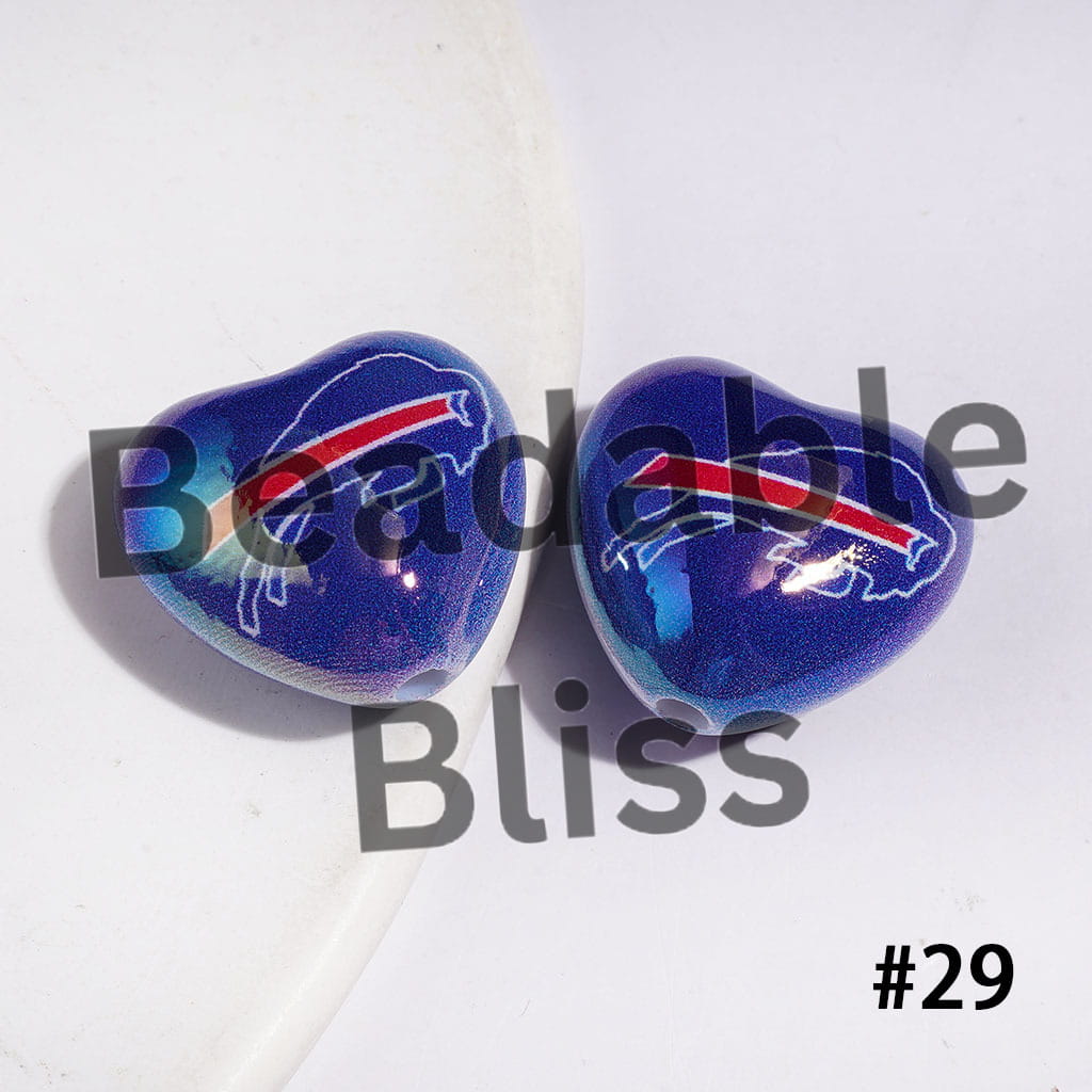 UV-Coated Acrylic Beads Heart with American Football Team Series, 18*20MM