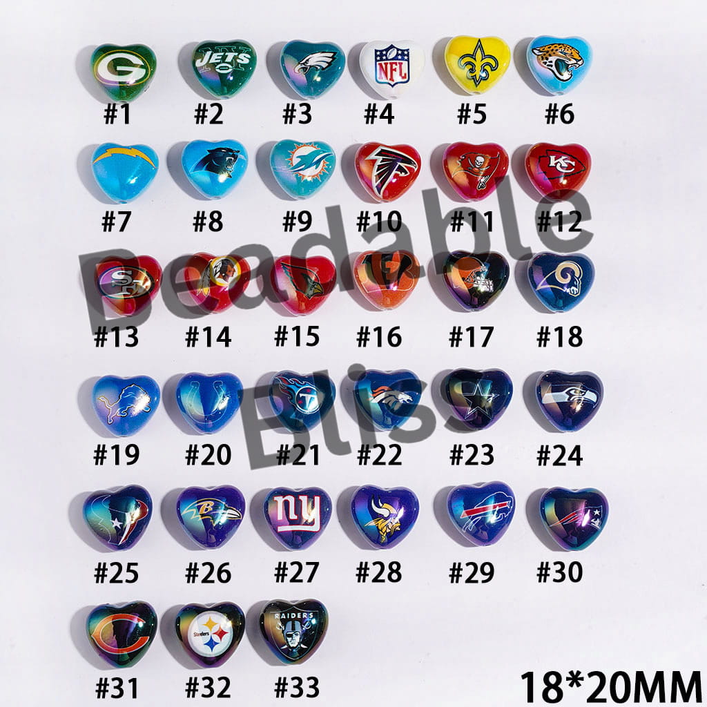 UV-Coated Acrylic Beads Heart with American Football Team Series, 18*20MM