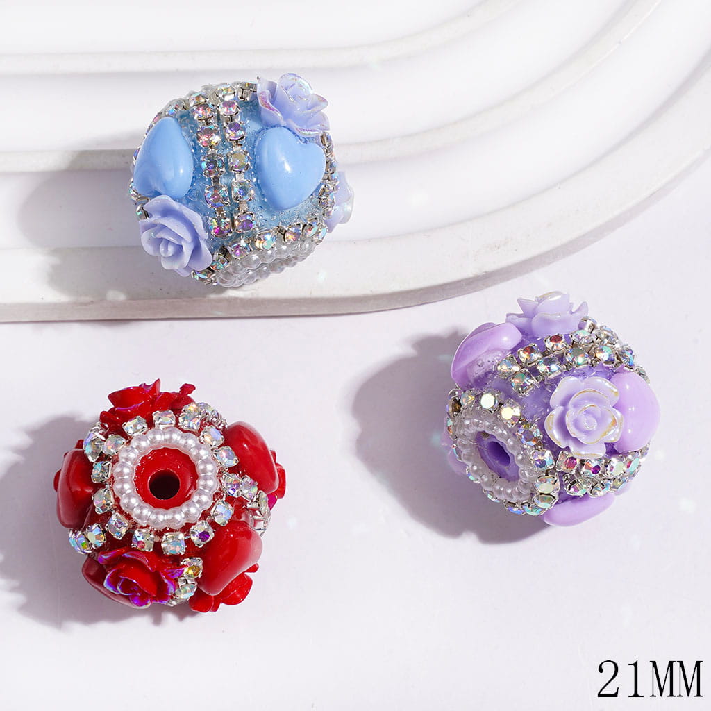 Handmade Acrylic Beads with UV-Coated Rose Flowers and Heart, White Pearl and AB Rhinestone Chains, 21MM, Multi-Color, Random Mix