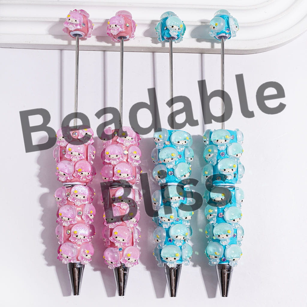 Beadable Clay Pens with Twin Double Star Character and AB Rhinestones, Pink and Turquoise