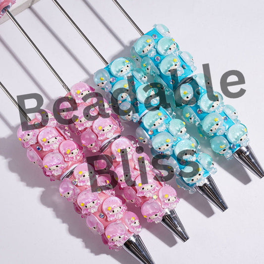 Beadable Clay Pens with Twin Double Star Character and AB Rhinestones, Pink and Turquoise