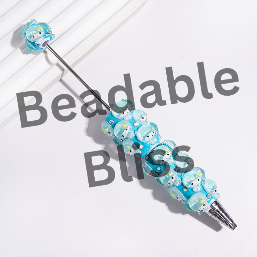 Beadable Clay Pens with Twin Double Star Character and AB Rhinestones, Pink and Turquoise