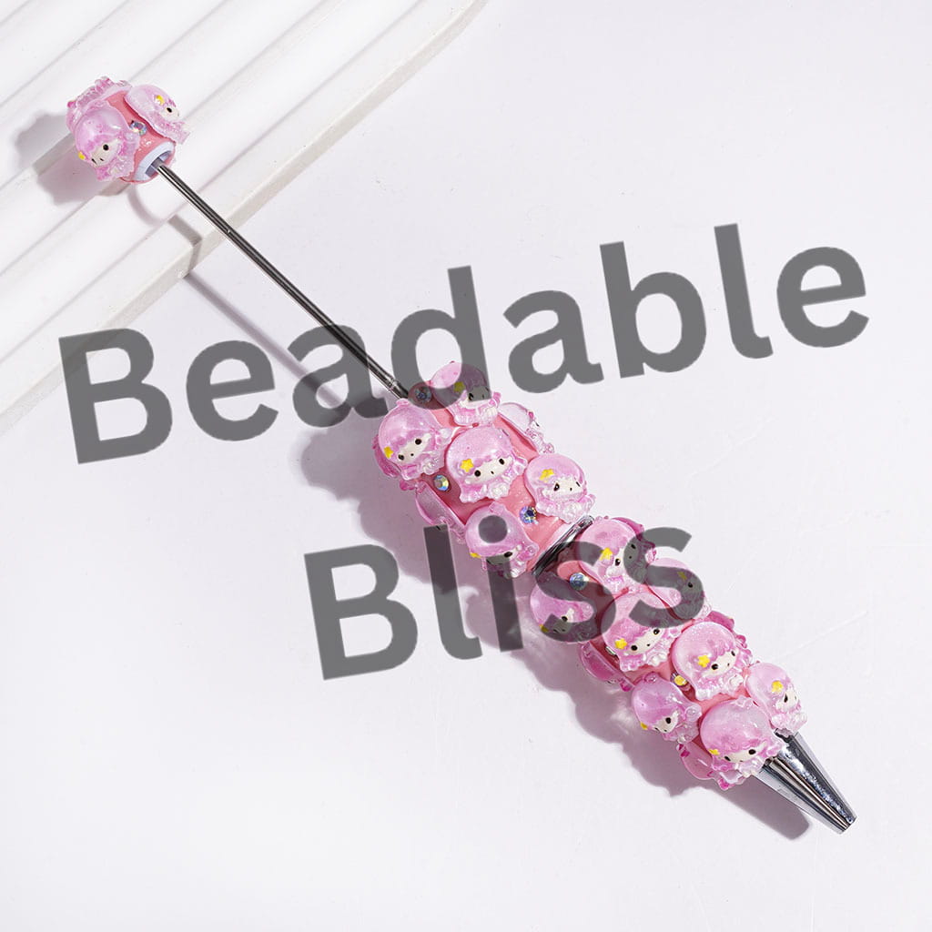Beadable Clay Pens with Twin Double Star Character and AB Rhinestones, Pink and Turquoise