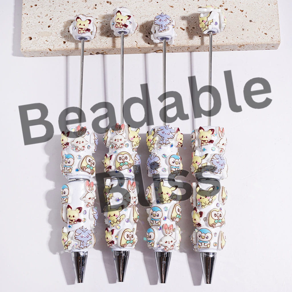Yellow Monster Electric Character & Bunny & Penguin Beadable Clay Pens, with AB Rhinestones on White Pen Base