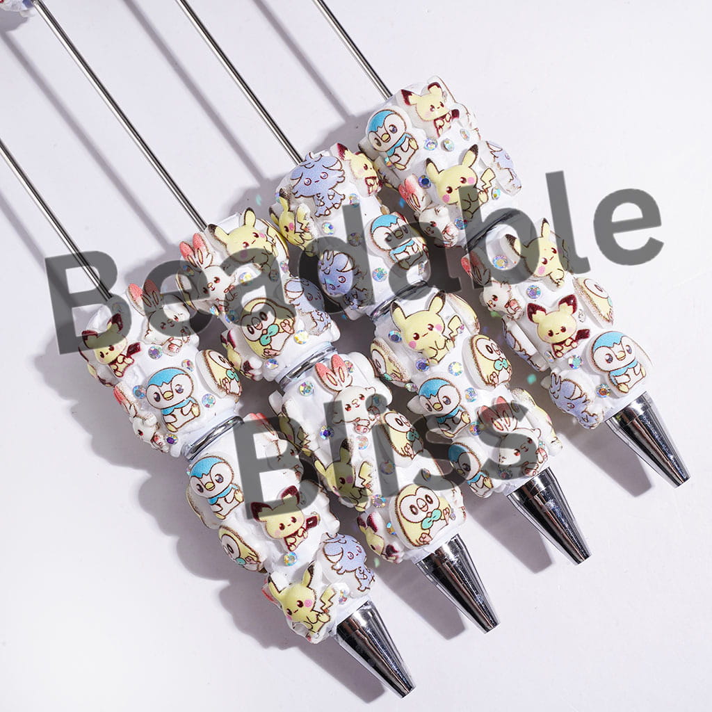 Yellow Monster Electric Character & Bunny & Penguin Beadable Clay Pens, with AB Rhinestones on White Pen Base
