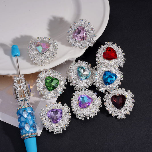 Silver Color Metal Beads with Bling Bling Heart with Colorful AB Rhinestones, 28*29 MM Random Mix