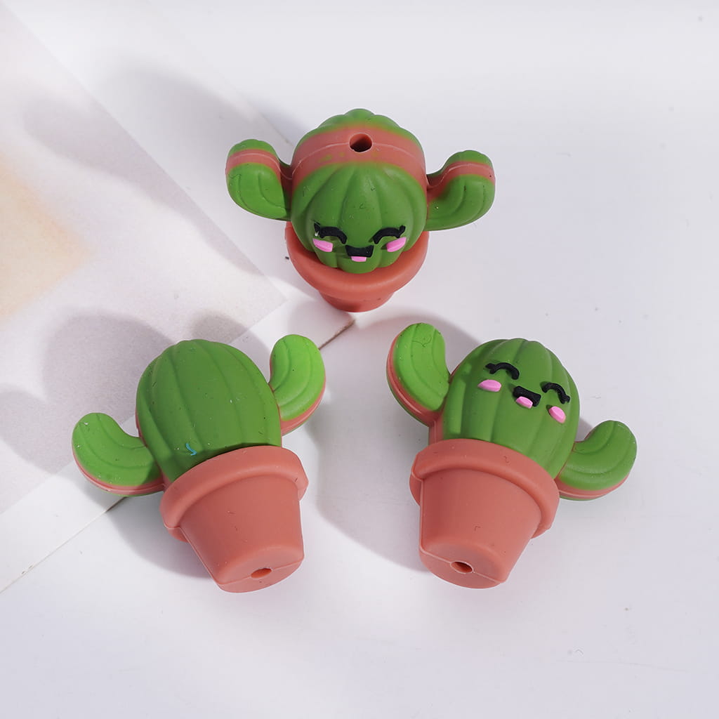 Silicone Focal Beads Shyly Smiling Cactus Potted Plant, Dark and Bright Green