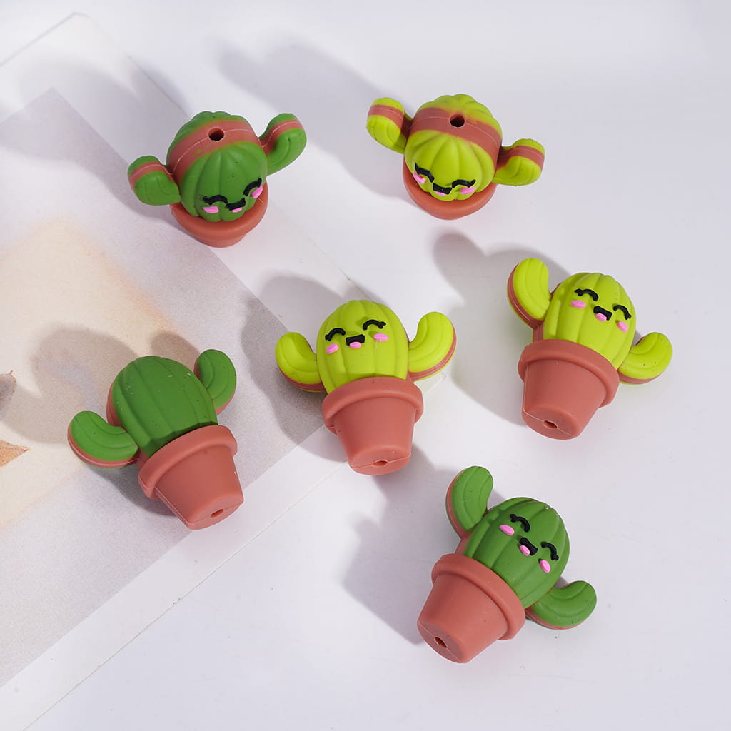 Silicone Focal Beads Shyly Smiling Cactus Potted Plant, Dark and Bright Green
