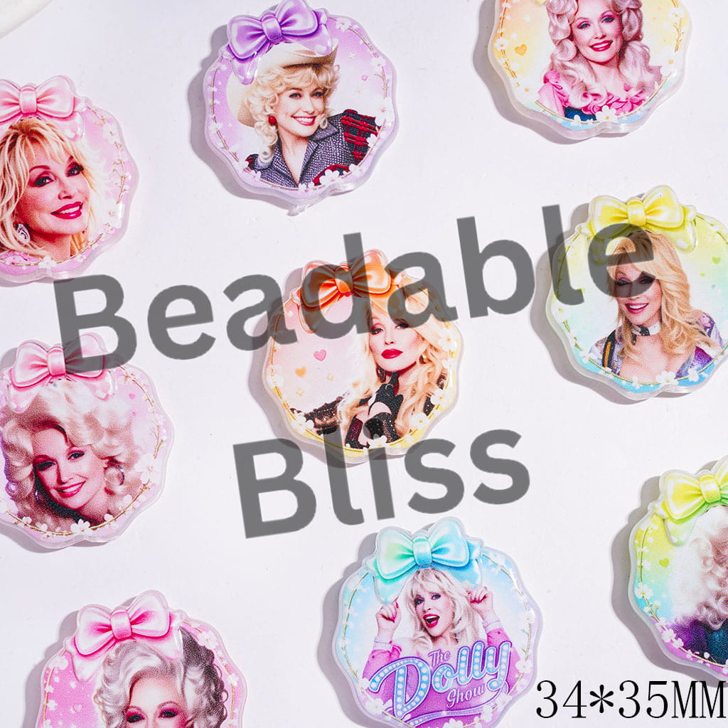 Acrylic Beads with Bowtie Wavy-Edge American Countryside Singer Character, 34*35MM Multi-Color Random Mix