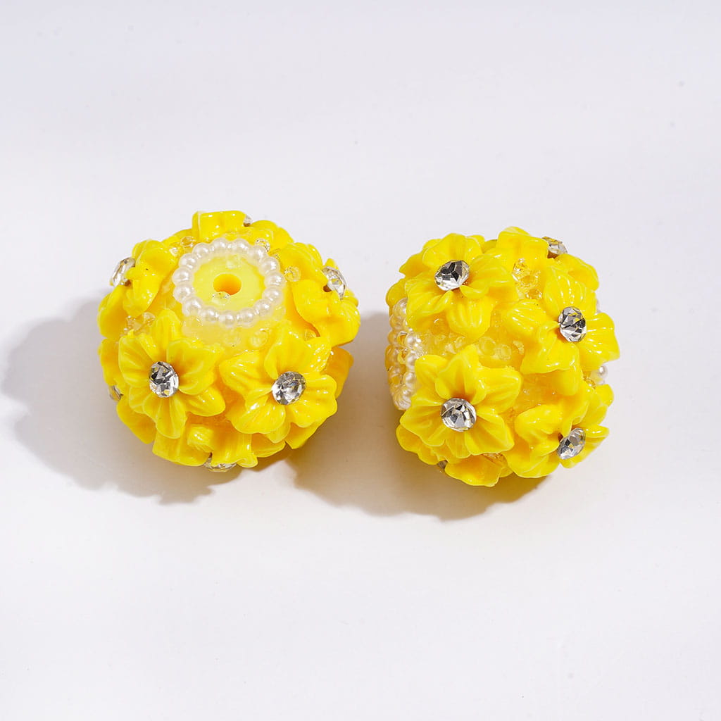 Multi-Color Cute Flowers Clear Rhinestone Inside White Pearls Ring Clear Sugars Round Clay Beads, 22MM