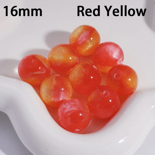 Red and yellow beads in a white dish with measurements and color description.