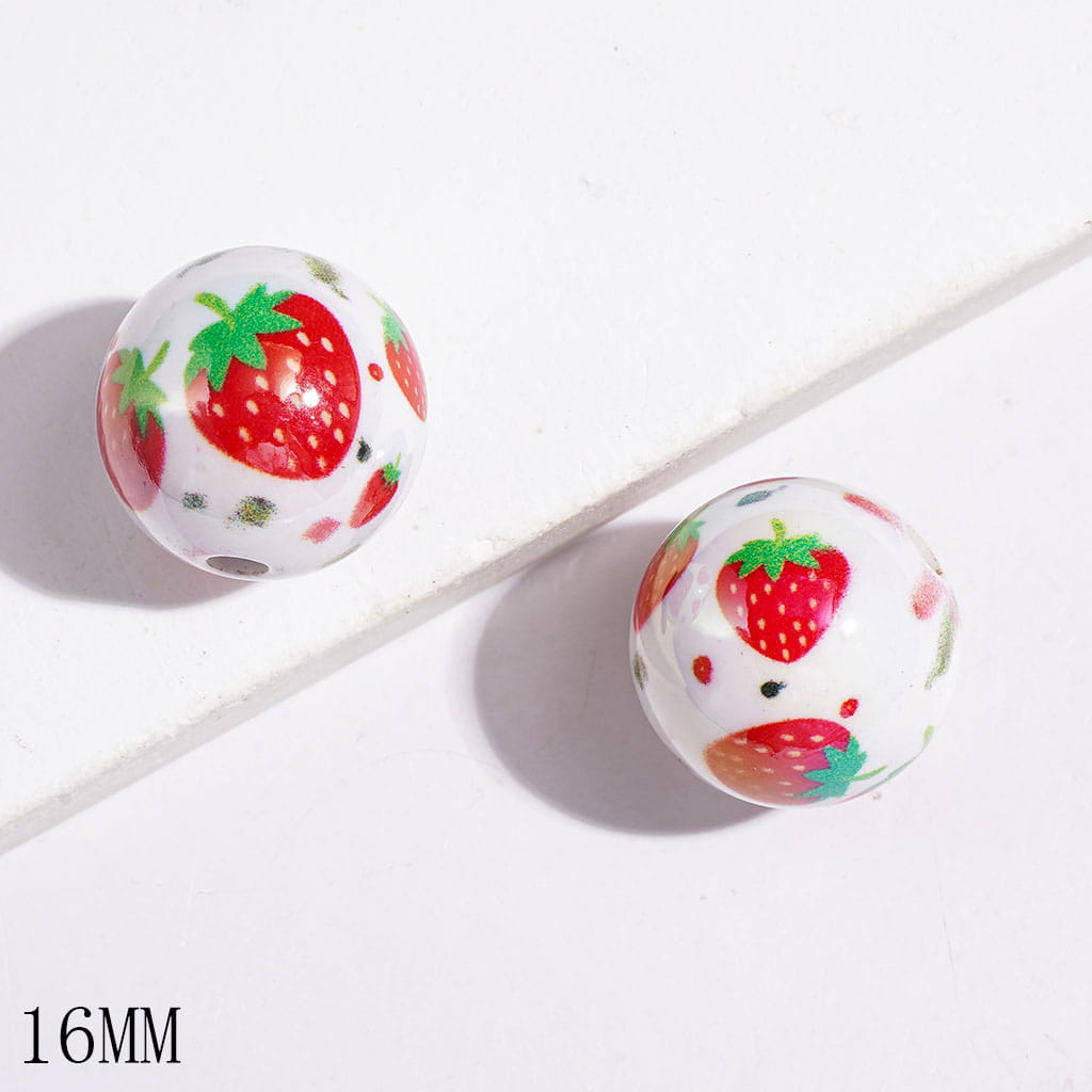 UV-Coated Acrylic Beads for Bracelets with Strawberry and Green Red Spots, 16MM