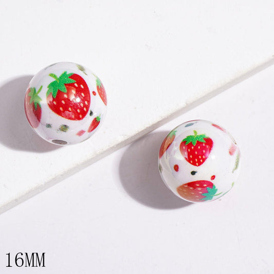 UV-Coated Acrylic Beads for Bracelets with Strawberry and Green Red Spots, 16MM
