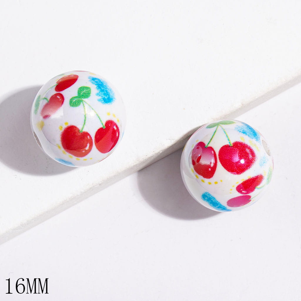 UV-Coated Acrylic Beads for Bracelets with Cherry and Yellow Red Pink Blue Spots, 16MM