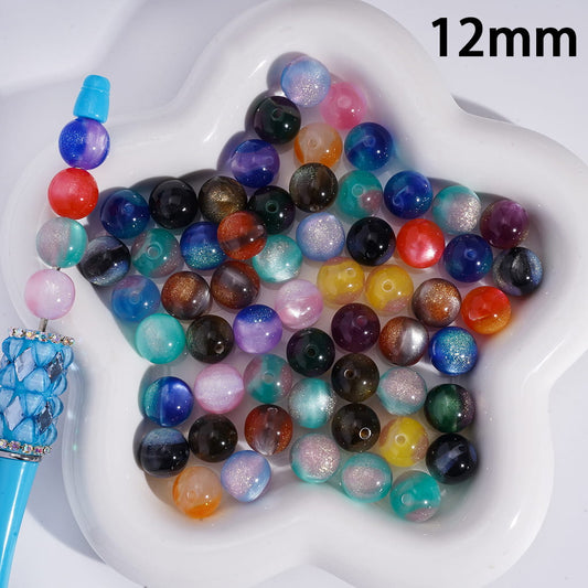 Acrylic Beads for Bracelets Cat Eye Style Round in Double Colors, Glitter, 12MM, Medium Size, Random Mix