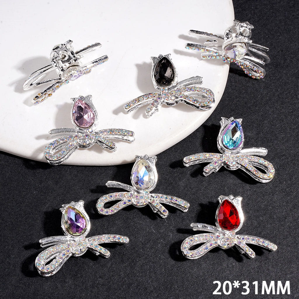 Silver Metal Beads Bowtie Flower with Sparkling Water Drop and AB Rhinestones, 20*31MM Multi-Color Random Mix
