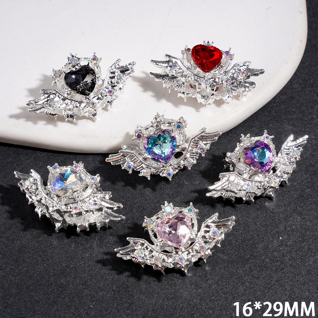 Silver Metal Beads with Sparkling Heart and Wings with AB Rhinestones, 16*29MM Multi-Color Random Mix