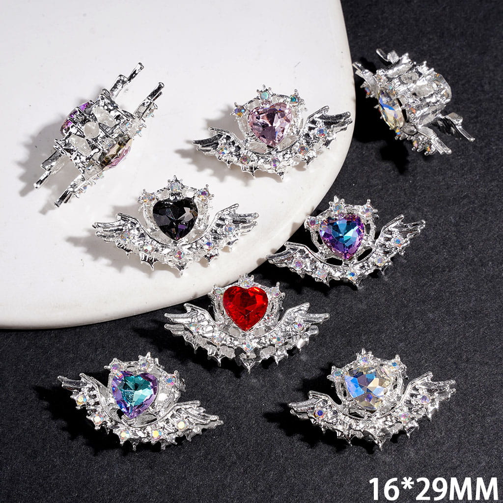 Silver Metal Beads with Sparkling Heart and Wings with AB Rhinestones, 16*29MM Multi-Color Random Mix