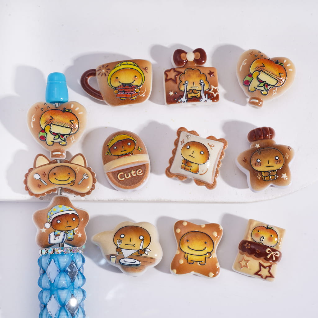 Acrylic Beads with Funny Yellow Baby Prints Brown-Yellow Series, Random Mix