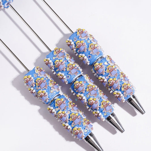 Beadable Clay Pens Girl with Sausage-Shaped Mouth Wearing Blue Dress, AB Rhinestones