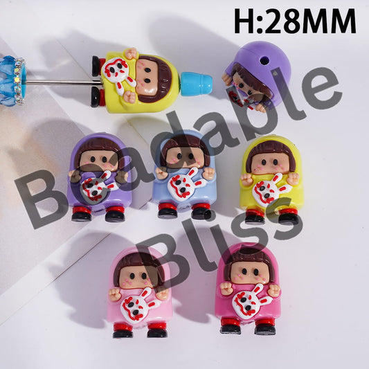 Soft PVC Rubber Beads Cute Girl Holding Bunny Mask, Height 28MM, Multi-Color, Random Mix