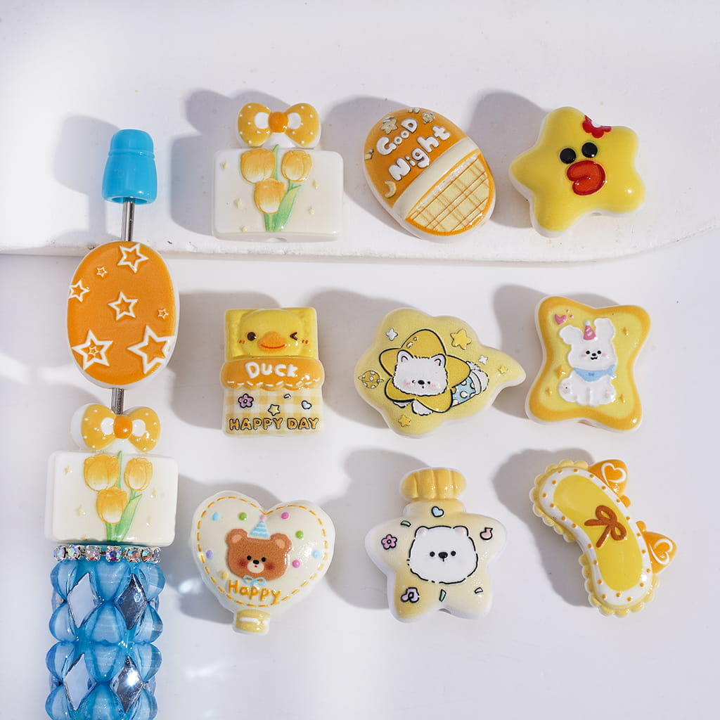 Acrylic Beads with Bear Dog Duck Tulip Flower Prints, Yellow Series, Random Mix