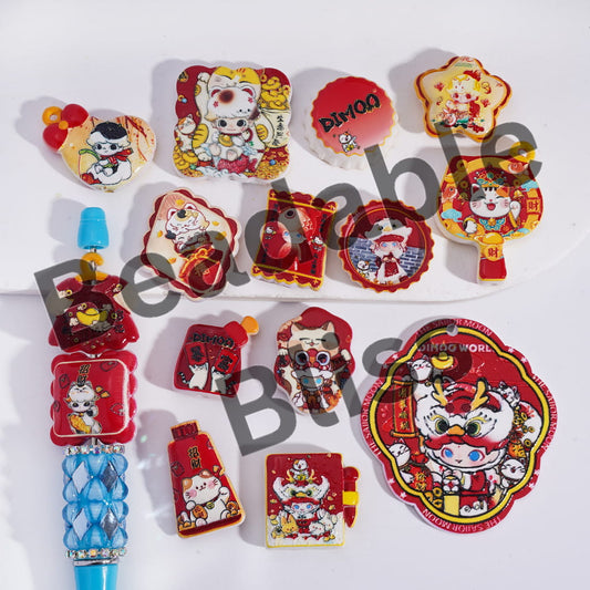 Acrylic Beads Pendant w Cute Baby Boy Doll Prints Lucky Wealth-Attracting theme, Red Series, Random Mix
