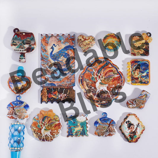 Acrylic Beads Pendant with Chinese Dunhuang Nine Colored Deer and Flying Goddess Series, Random Mix