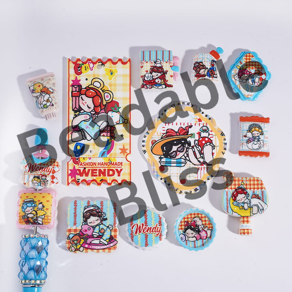 Acrylic Beads Pendant with Sleepy Girl Prints Series, Cute Style, Random Mix