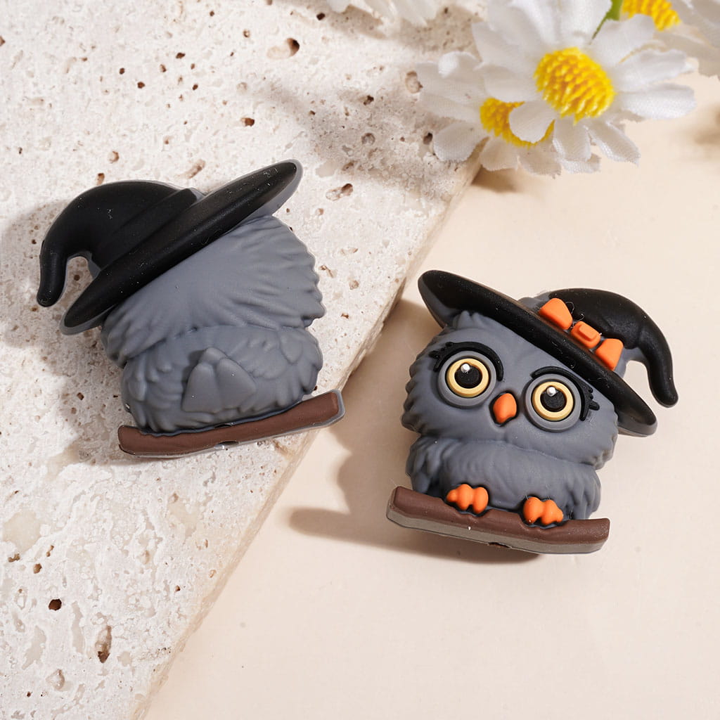 3D Big-Eyed Owl w Wizard Hat Standing on Tree Branch Silicone Focal Beads, Multi-Color