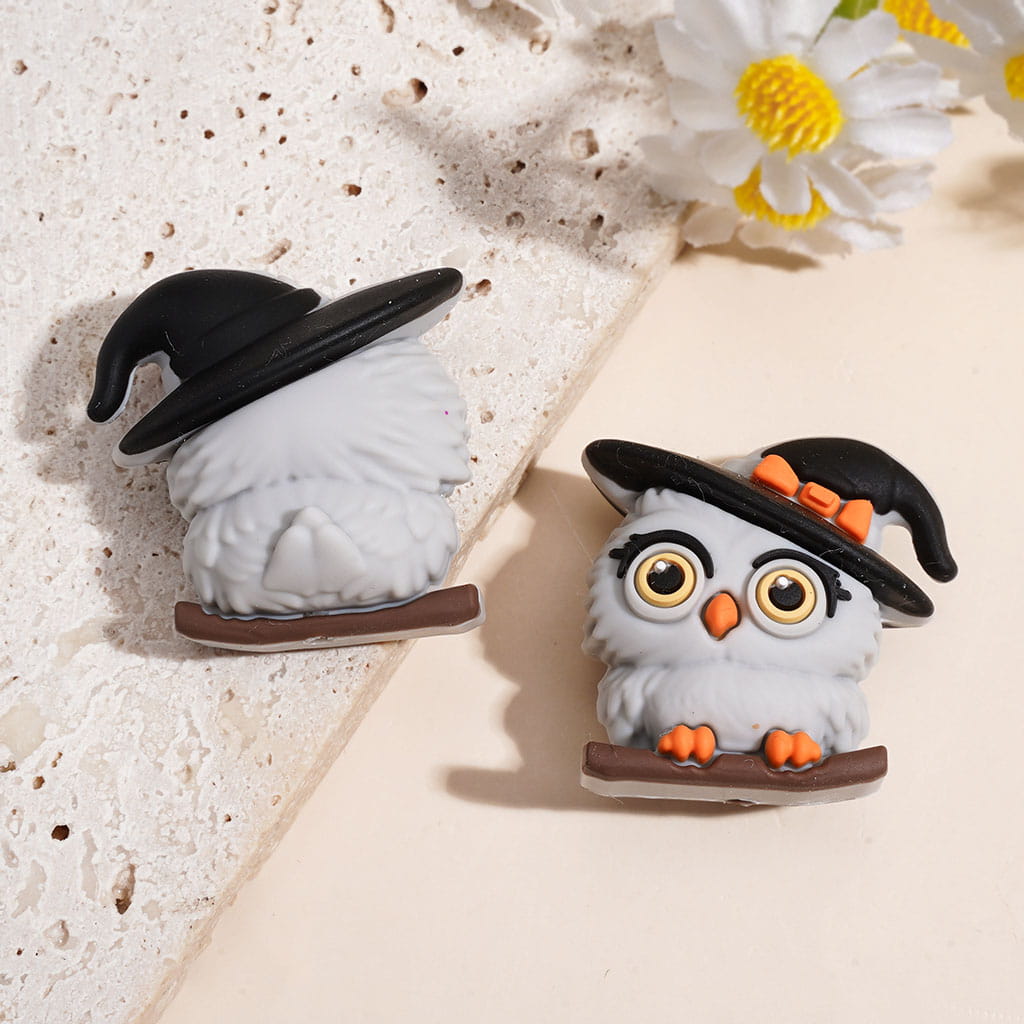 3D Big-Eyed Owl w Wizard Hat Standing on Tree Branch Silicone Focal Beads, Multi-Color