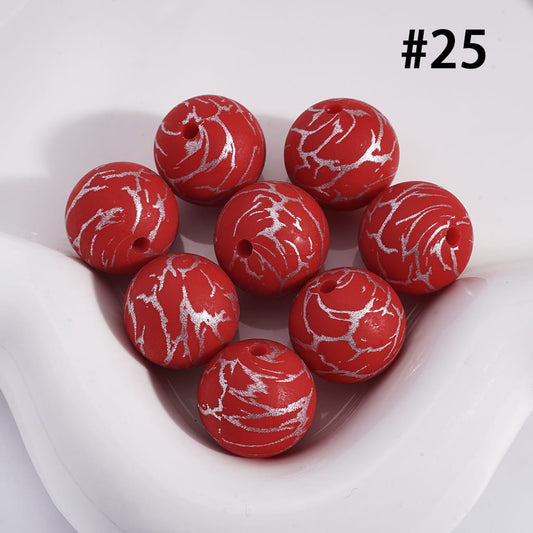 Printed Silicone Beads Dark Red Round with Silver-Colored Cracks, 15MM, Number 25