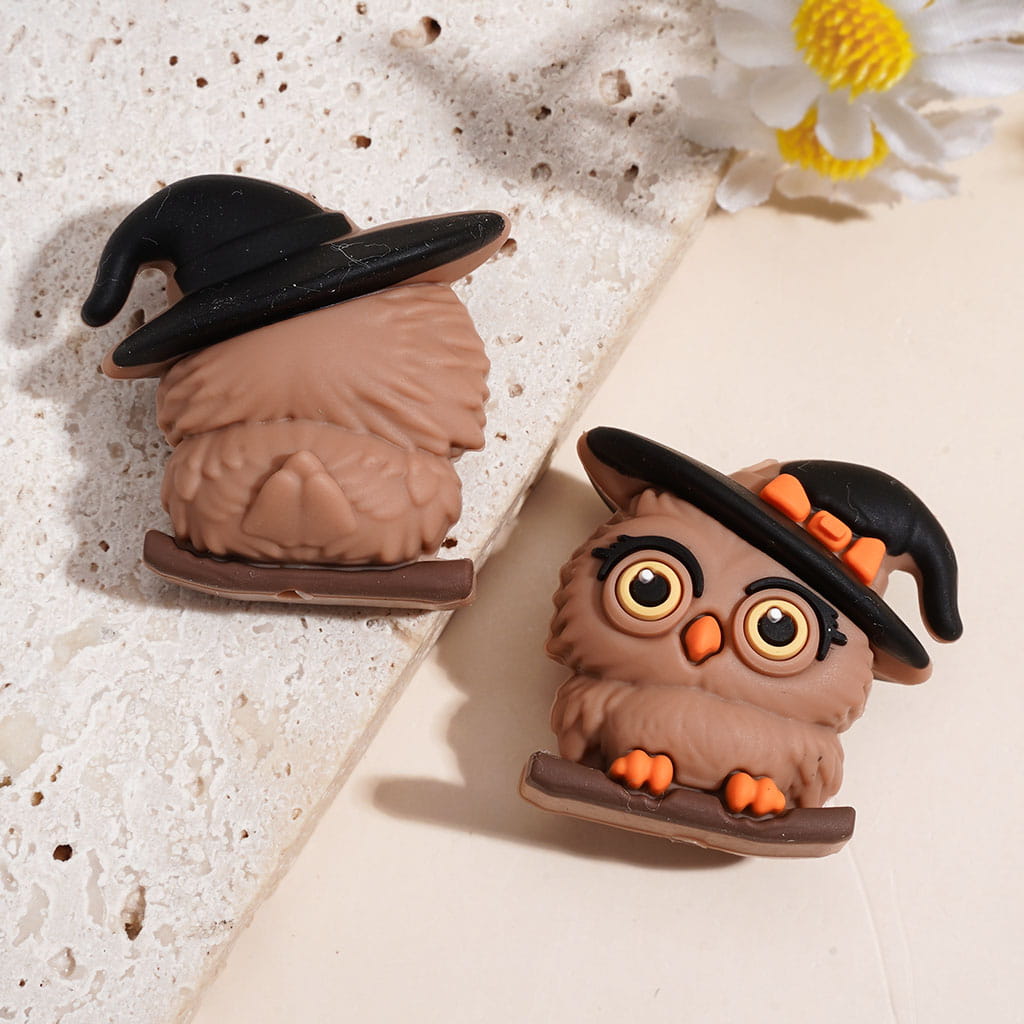 3D Big-Eyed Owl w Wizard Hat Standing on Tree Branch Silicone Focal Beads, Multi-Color