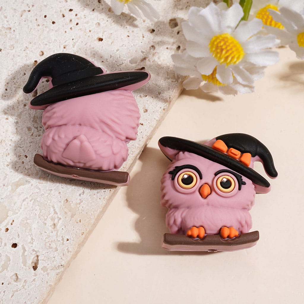 3D Big-Eyed Owl w Wizard Hat Standing on Tree Branch Silicone Focal Beads, Multi-Color