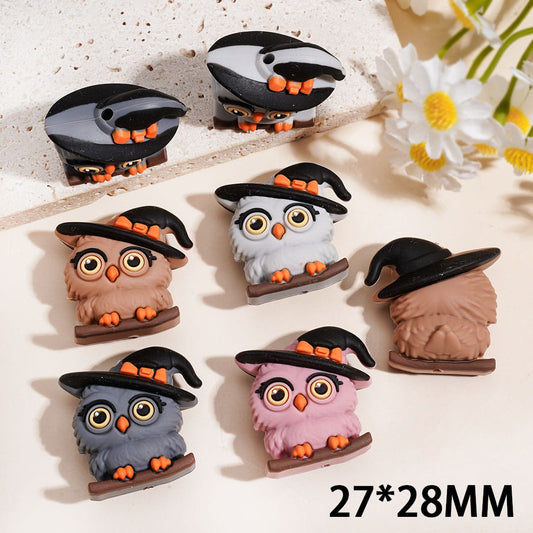 3D Big-Eyed Owl w Wizard Hat Standing on Tree Branch Silicone Focal Beads, Multi-Color