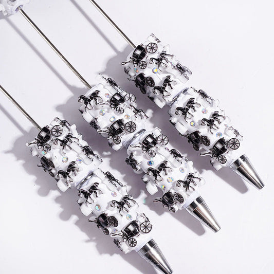Beadable Clay Pens with Black European-Style Carriage Horse and AB Rhinestones