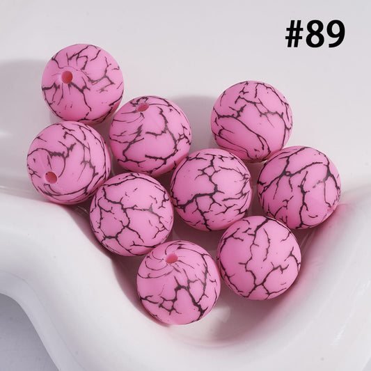 Printed Silicone Beads Pink Round with Black-Colored Cracks, 15MM, Number 89
