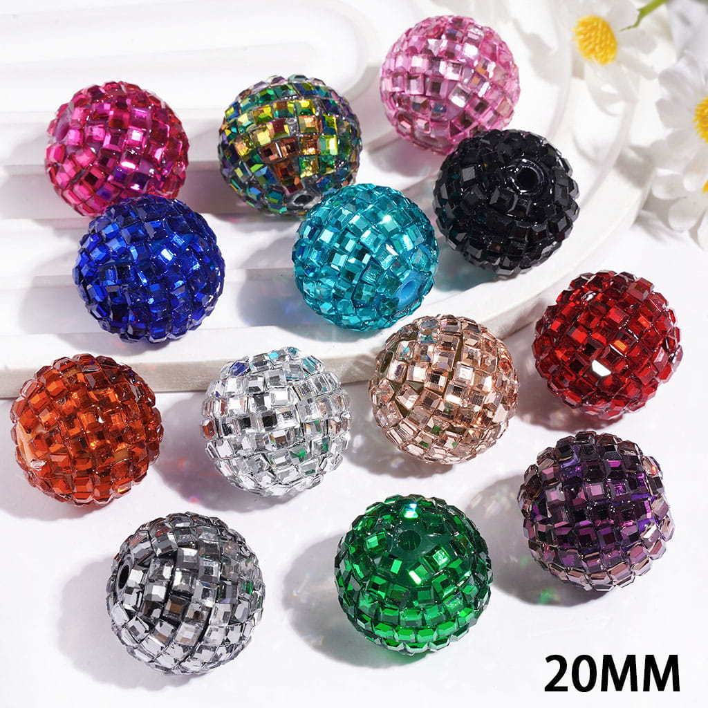 Acrylic Beads Disco Ball with Cube Square Shaped Rhinestones, 20MM Multi-Color
