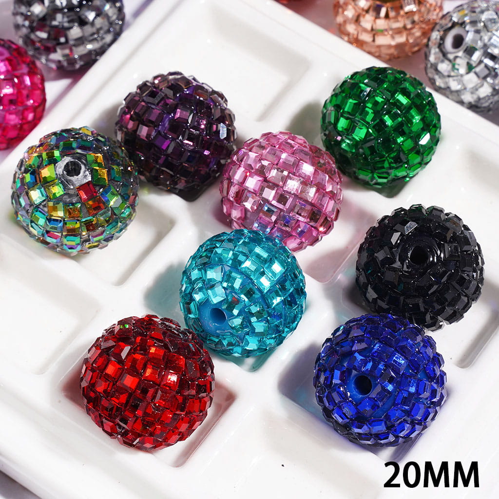 Acrylic Beads Disco Ball with Cube Square Shaped Rhinestones, 20MM Multi-Color