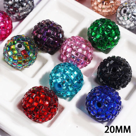 Acrylic Beads Disco Ball with Cube Square Shaped Rhinestones, 20MM Multi-Color