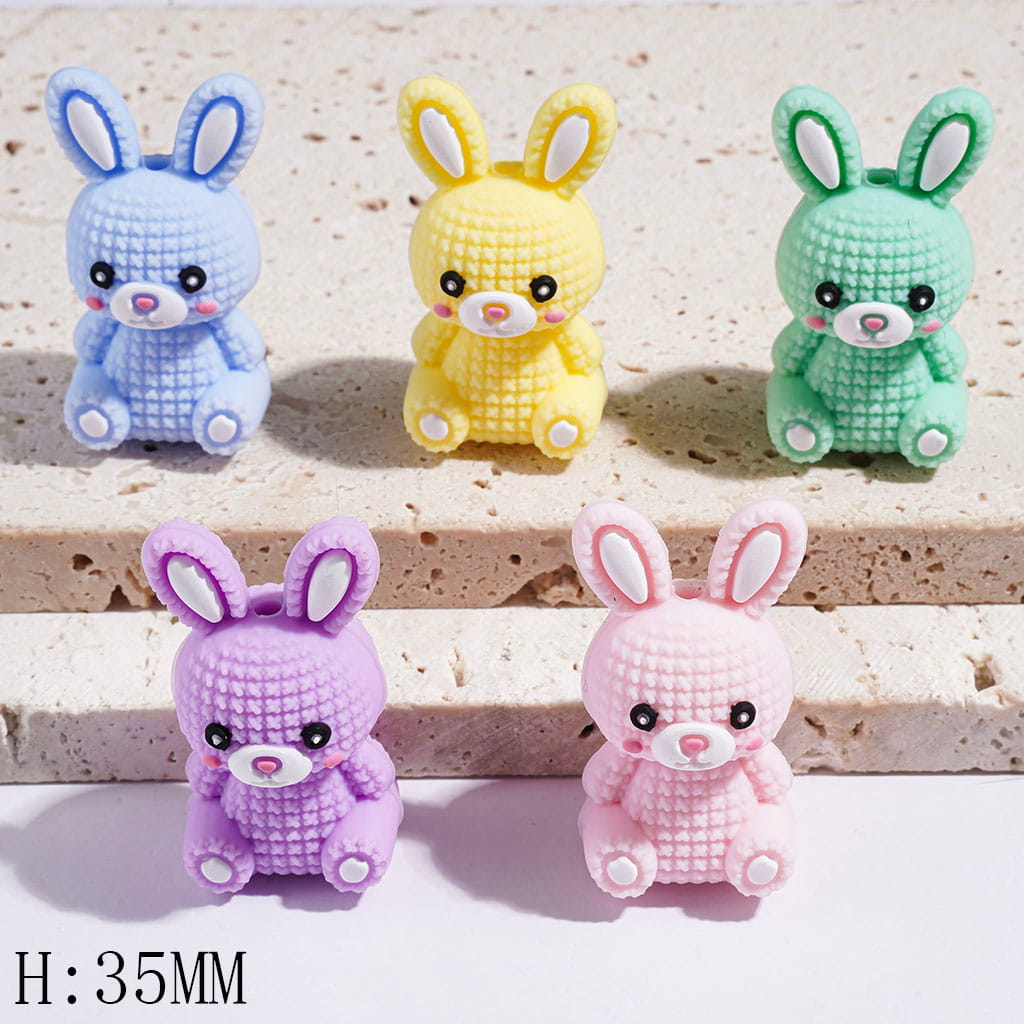 3D Knitted Style Bunny with Shy Expression Silicone Focal Beads, Height 35MM, Multi-Color