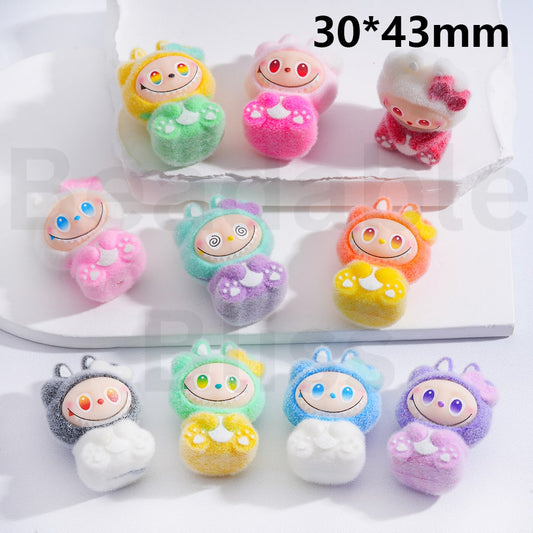 Acrylic Beads Pen Toppers Pendants Jewelry Accessories Cute Flocked Labub with Bowknots  Multi-Color 30*43MM