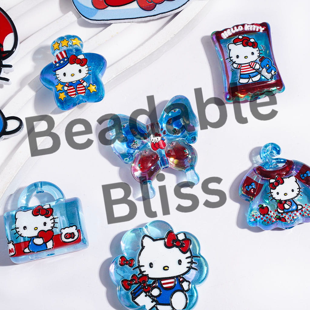 UV-Coated Acrylic Beads and Pendants Cute Cat Character in Blue Series, Random Mix