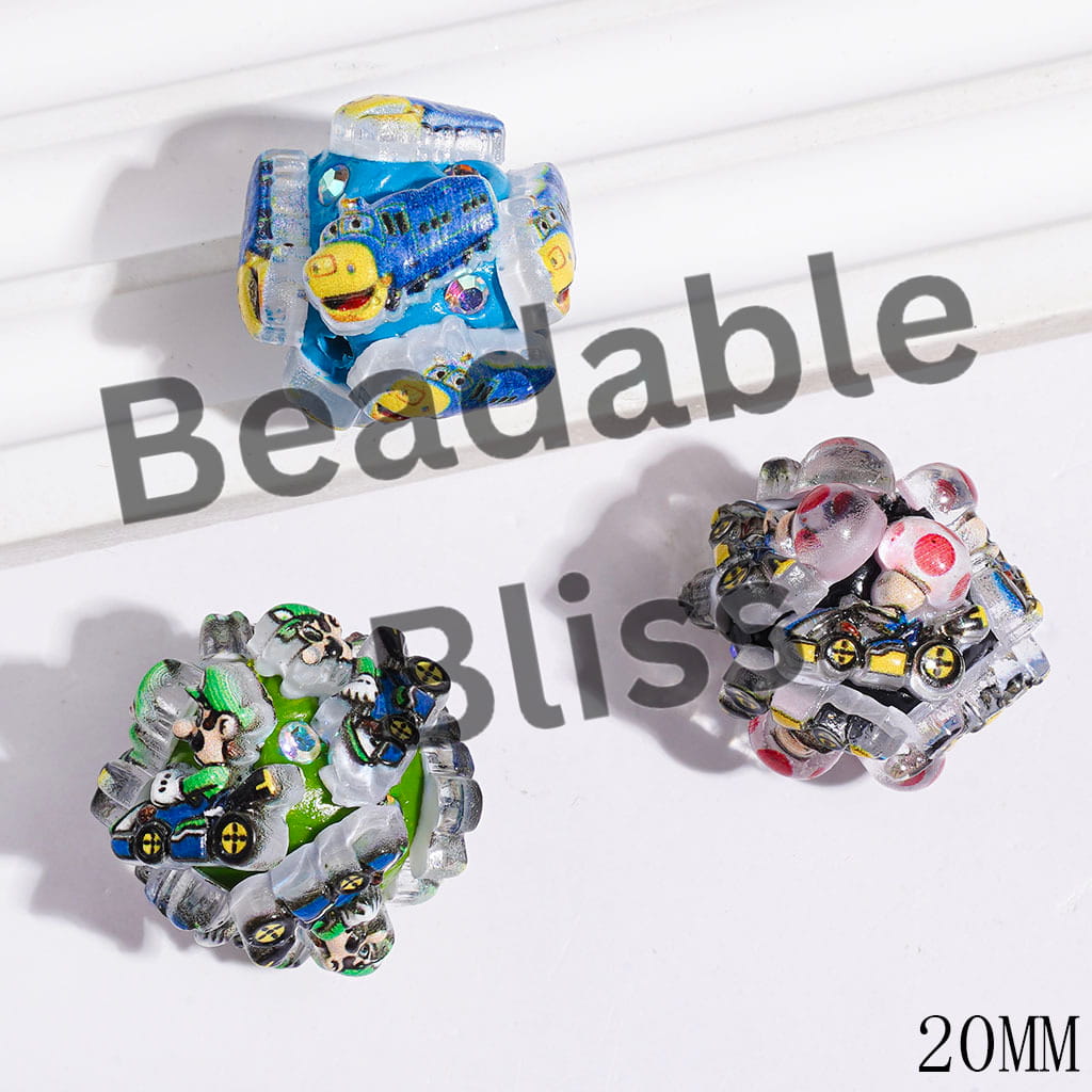 Plumber Characters and Various Cars and AB Rhinestones Clay Beads, 20MM, Multi-Color, Random Mix
