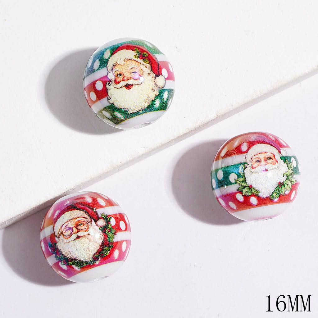 UV-Coated Acrylic Beads for Bracelets with Santa Claus and Green White Red Stripes Polka Dots, 16MM
